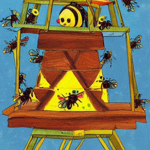 Image similar to a beehive-frame that has been painted on by children, children’s book illustration,