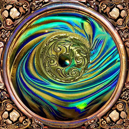 Image similar to Art Nouveau cresting oil slick waves, hyperdetailed bubbles in a shiny iridescent oil slick wave, ornate copper patina medieval ornament, rococo, baroque spirals