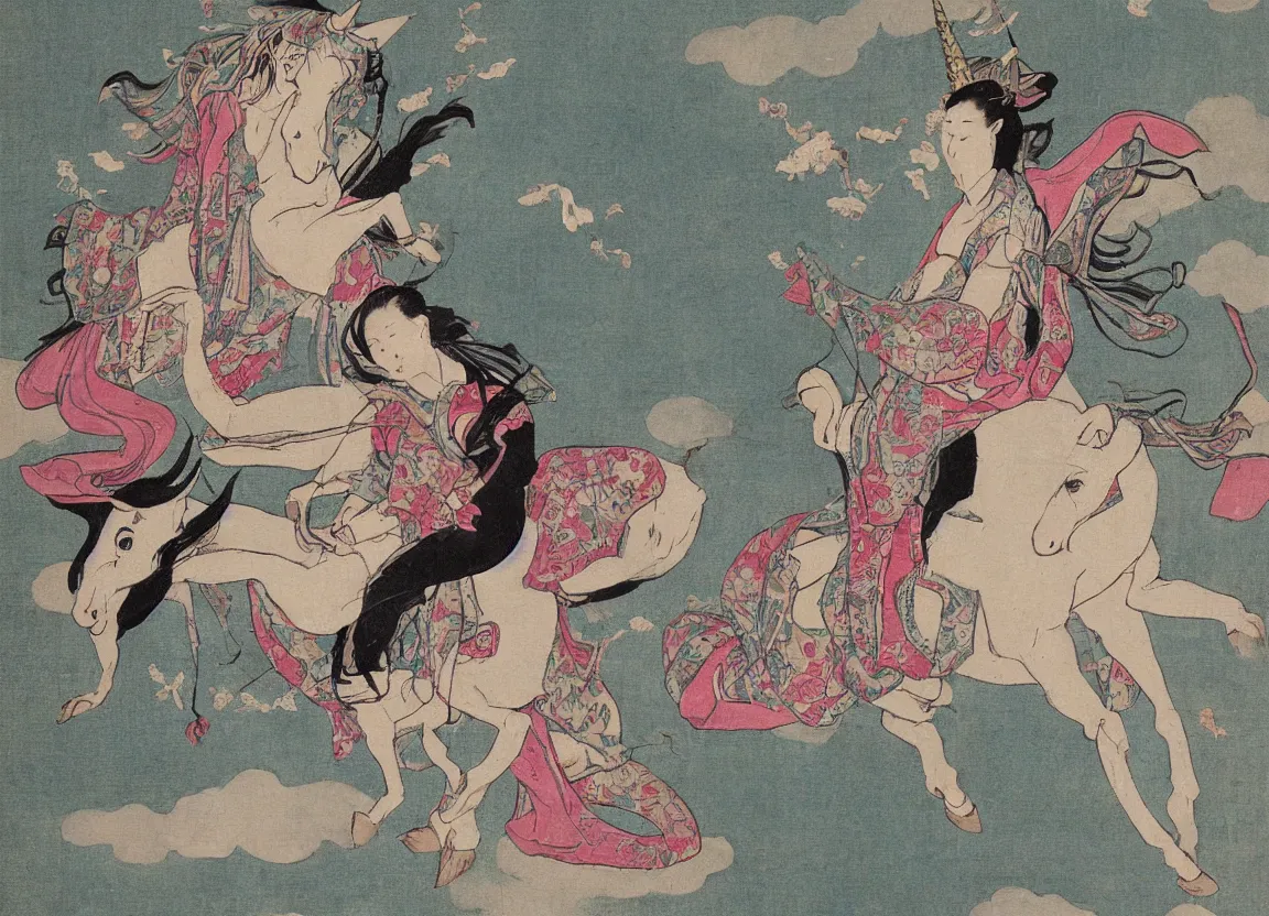 Prompt: woman riding a flying unicorn, japanese artist