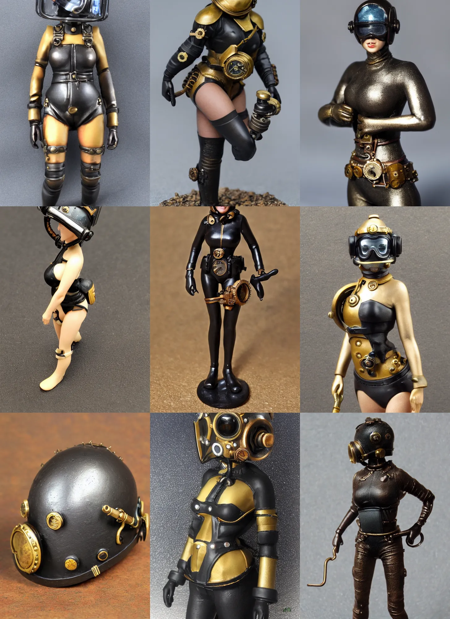 Prompt: 80mm resin detailed miniature of a helmeted woman, steampunk diving helmet, black-bikini, stomach skin, navel, belly, tights, foot, textured base; Miniature Product Photos, 4K, view from front