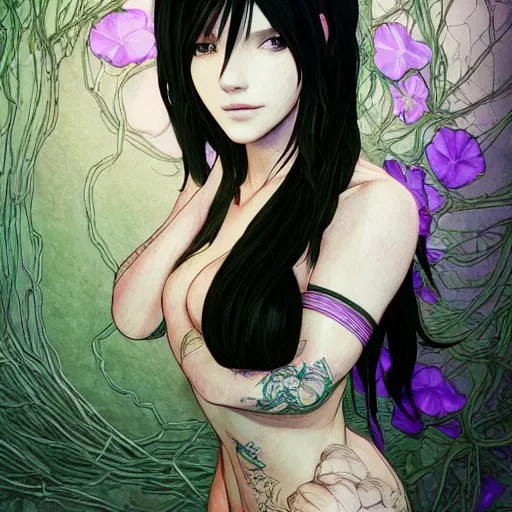 Prompt: a portrait of tifa lockhart beautiful elegant partially made of potatoes roots and violets, an ultrafine detailed illustration by james jean, final fantasy, intricate linework, bright colors, behance contest winner, vanitas, angular, altermodern, unreal engine 5 highly rendered, global illumination, radiant light, detailed and intricate environment