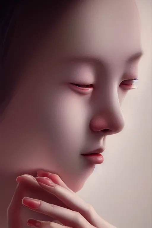 Image similar to hyperrealistic photography of a beautiful crying woman looking at her hands in the style of jin kagetsu, james jean, chris cunninham, hans bellmer and wlop, highly detailed, face symmetry, masterpiece, award - winning, sharp focus, intricate concept art, ambient lighting, 8 k, artstation