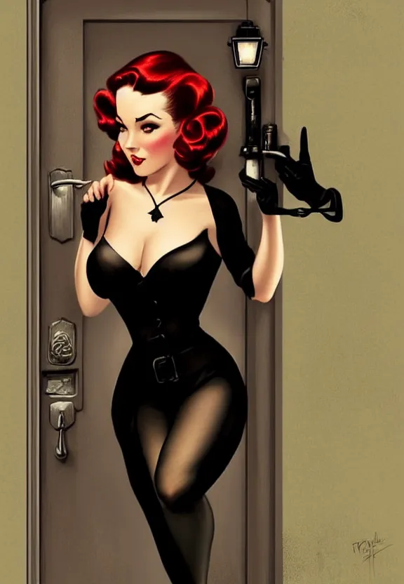 Image similar to A pin-up femme fatale at the door of a small 50’s style private detective’s office, fantasy magic, dark pin-up style hair, dark light night, intricate, elegant, sharp focus, illustration, highly detailed, digital painting, concept art, matte, art by WLOP and Artgerm and Greg Rutkowski and Alphonse Mucha, masterpiece