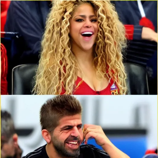 Prompt: shakira with the real madrid shirt laughing at gerard pique crying