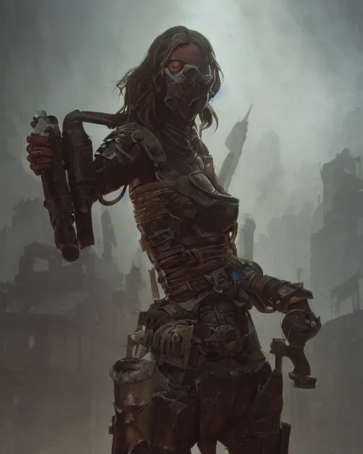 Prompt: hyper realistic photo of postapocalyptic medieval paladin armored girl, full body, cinematic, artstation, cgsociety, greg rutkowski, james gurney, mignola, craig mullins, brom