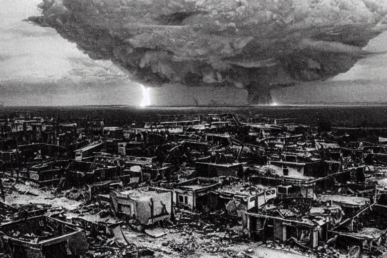 Prompt: nuclear explosion in a destroyed city during a thunderstorm, pictorialism, desolate