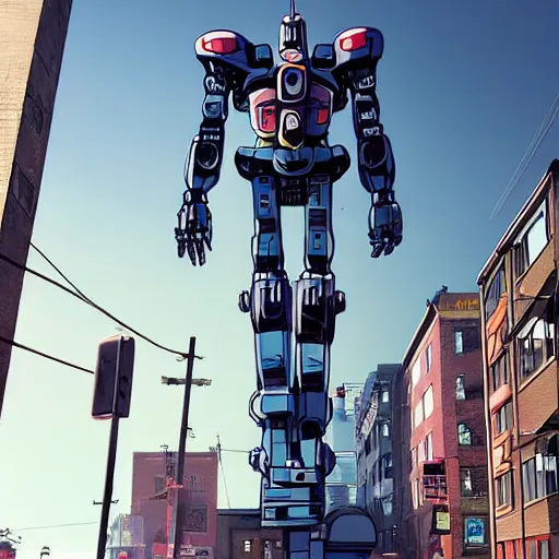 Image similar to A giant robot in the northend neighborhood at boston city in anime style highly detailed by Makoto Shinkai and Raphael Lacoste