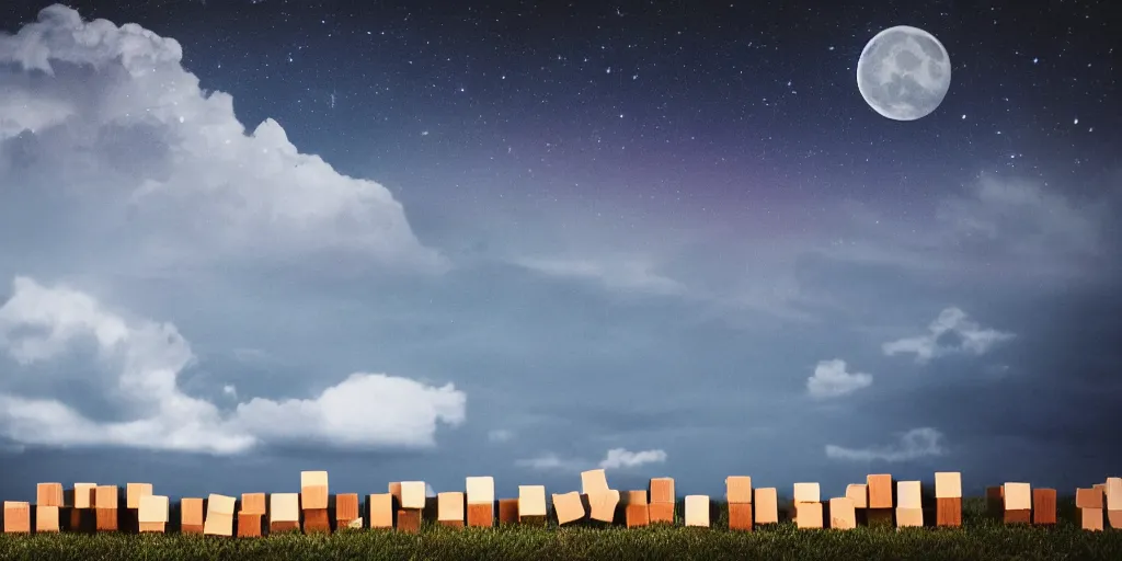 Image similar to Land of randomly placed wooden blocks, night sky, moon lighting, clouds,