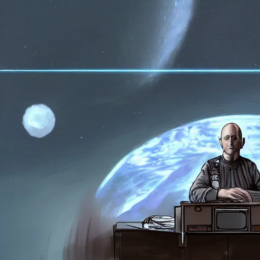 Image similar to mark strong as grand admiral thrawn sitting as his desk on a star destroyer, hd, digital art