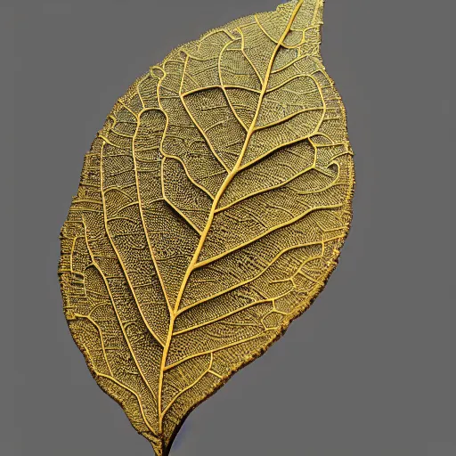 Prompt: Intricate a whole fantasy leaf, encrusted with jewels, gilded gold, detailed veins, sharp focus, octane render, high quality, 8k, volumetric lighting, on black background