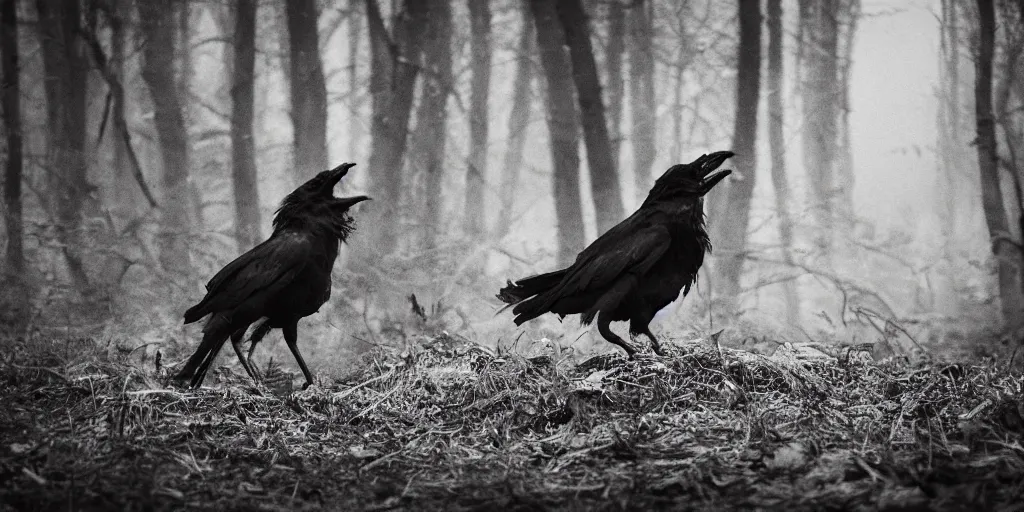 Image similar to mixture between an!! crow and! wolf, photograph captured in a dark forest