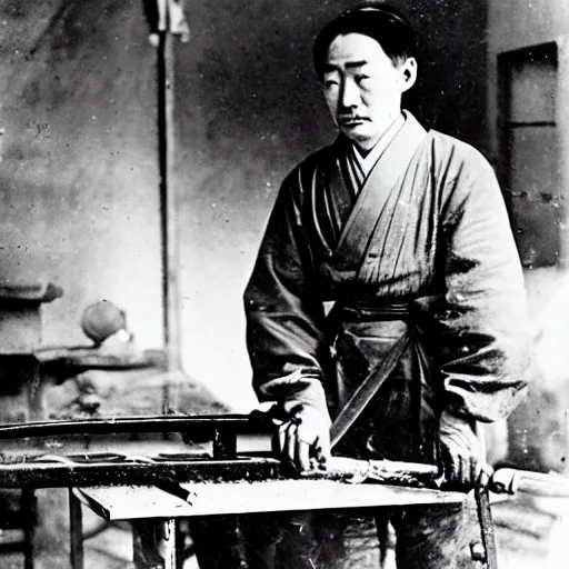 Image similar to Portrait of a 19th century Japanese man forging an elongated metal plate at a Kyoto knifemaker workshop, 1900s photography