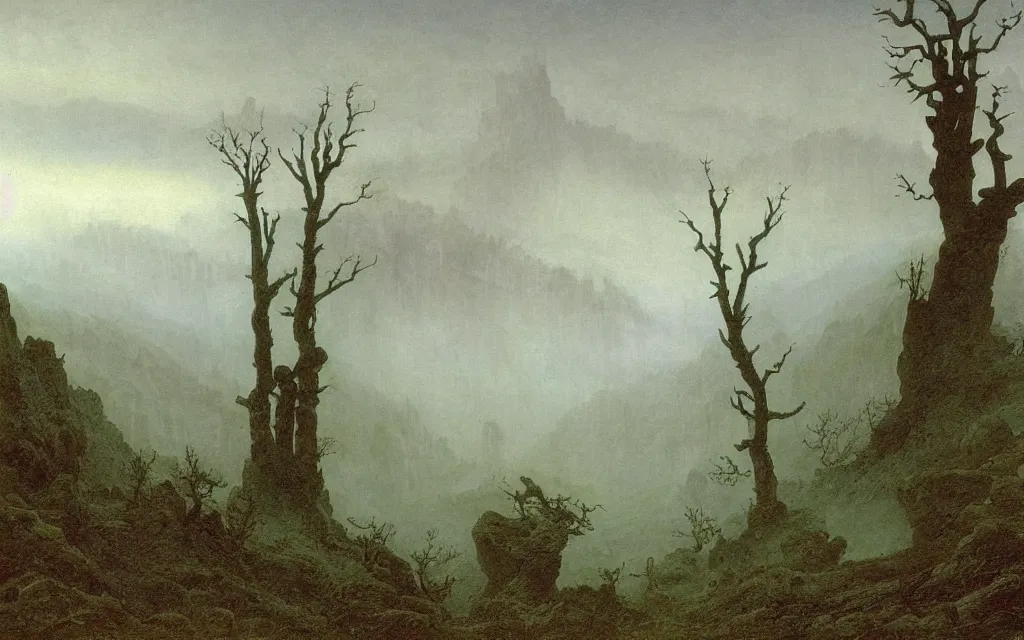 Image similar to valley of berchtesgarden, a gnarly old oak in a shroud of mist and ghosts, by caspar david friedrich