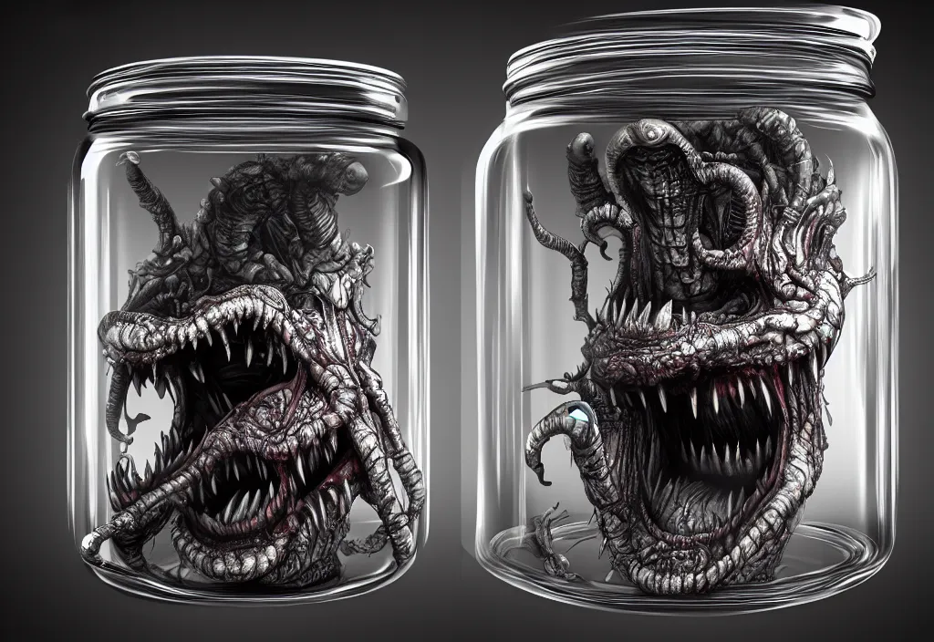 Image similar to Photorealistic miniature monster inside a jar on clean background by H.R. Giger, KDA and Sam Yang, trending on artstation