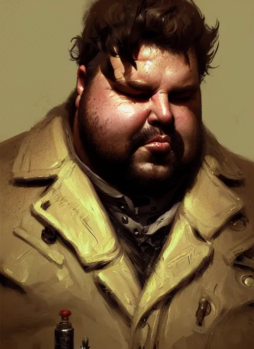 Prompt: portrait of a rugged chubby man in a jacket, victorian, concept art, detailed face, fat, fantasy, close up face, highly detailed, cinematic lighting, digital art painting by greg rutkowski