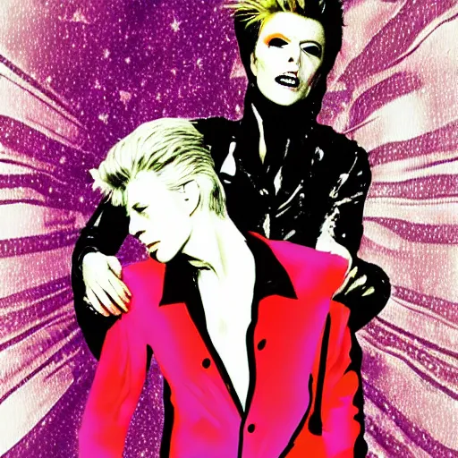 Image similar to david bowie from china girl getting a piggy back ride from ziggy stardust, digital art, glam rock. pop art background.