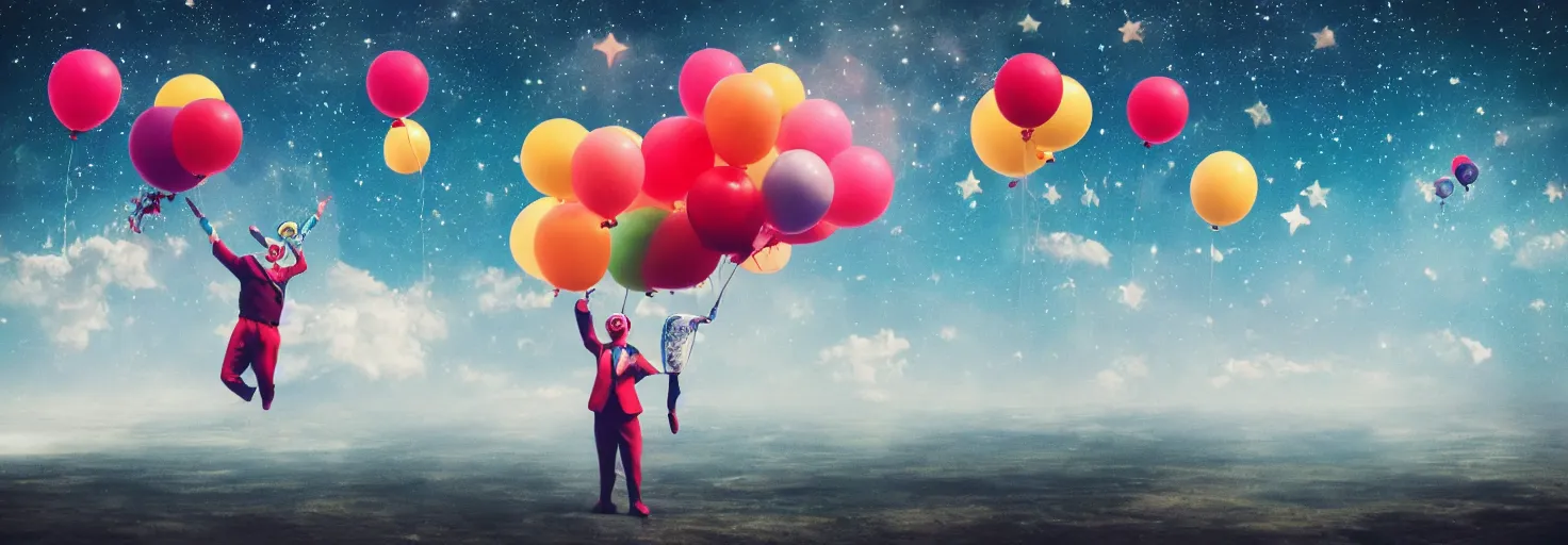 Prompt: a clown and balloons floating in space, entire planet Earth in the background, sky full of stars, inspiring, epic, cinematic, award-winning, highly-detailed