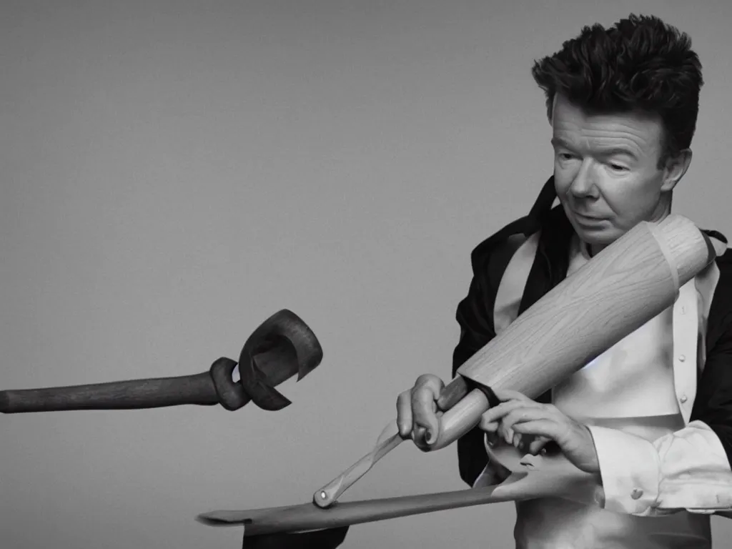 Image similar to rick astley using a rolling pin, sharp detail, cinematic