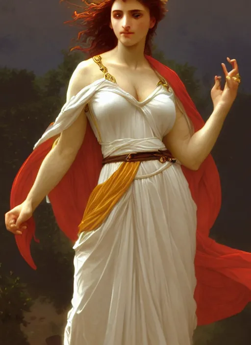 Prompt: fully clothed cassandra the trojan prophetess, redgold hair, white peplos gown, greek mythology, william adolphe bouguereau, trending on artstation, character art, greek myth digital painting, concept art, smooth, sharp focus, illustration, art by artgerm and greg rutkowski, radiant light,