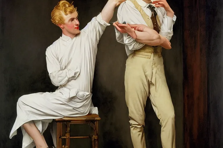 Image similar to Painting of lucius as a German tailor, long blond drill curls, delicate androgynous prince, pale milky white porcelain skin, by Leyendecker and Norman Rockwell