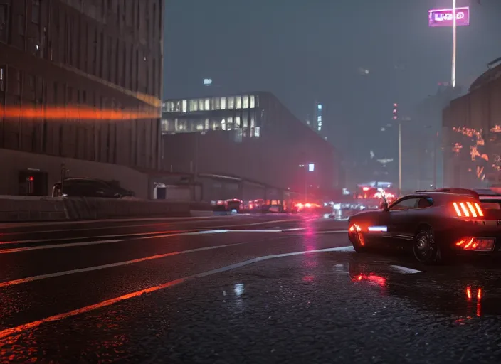 Image similar to gta in moscow, playstation 5 screenshot, mega details, dark night, orange lights, heavy rain, fog, beautiful rtx reflections, brutalism buildings, photorealistic, unreal engine 5, octane render, volumetric light, cg society, 4 k, bokeh, lada car, artstation