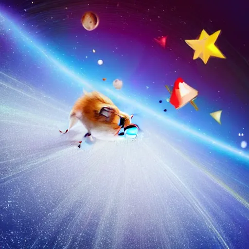 Image similar to hamster skating through space, colorful, realistic