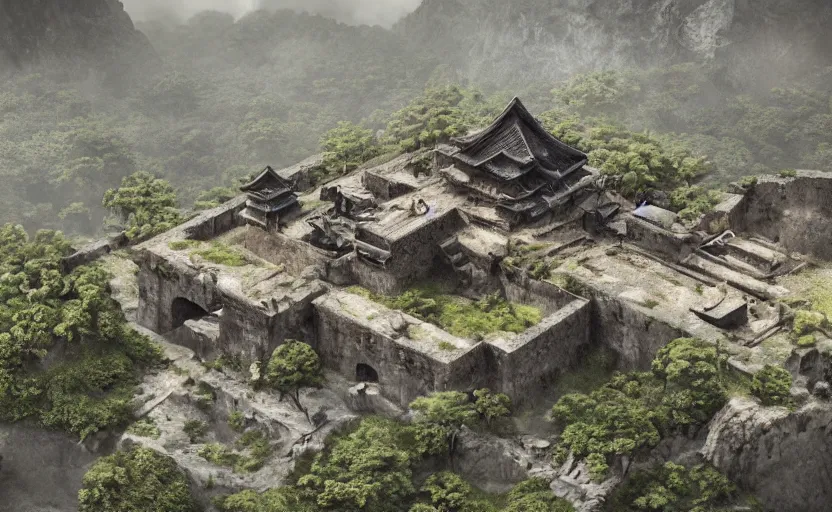Prompt: highly detailed render of old, ruined, japanese fort from sengoku period, surrounded by dense rock formations, high in mountains, overcast weather, environment concept art, photobash, unreal engine render, nanite