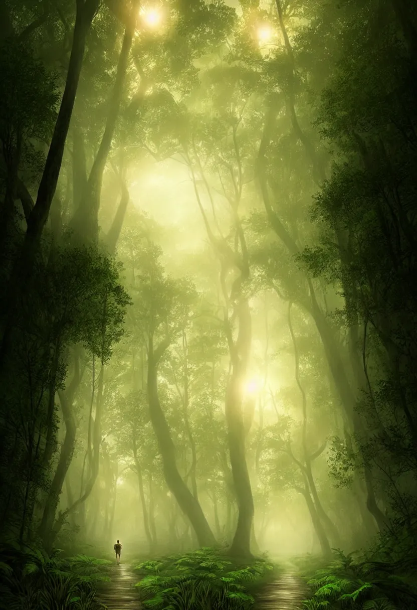 Image similar to backlit path in the middle of a lush green forest at sunset, fog, matte painting, mysticalultra high definition, ultra detailed, symmetry, fog, matte painting, by greg rutkowski and ross tran and wlop