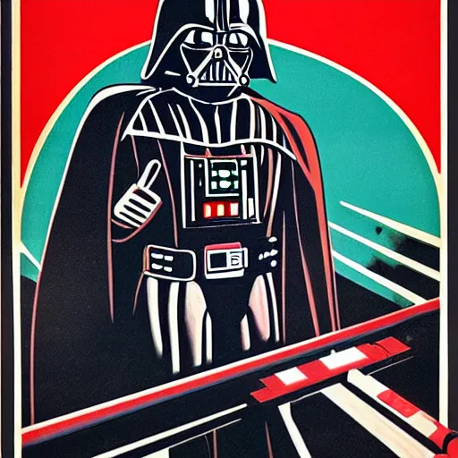 Image similar to Soviet propaganda poster, Darth Vader in a factory