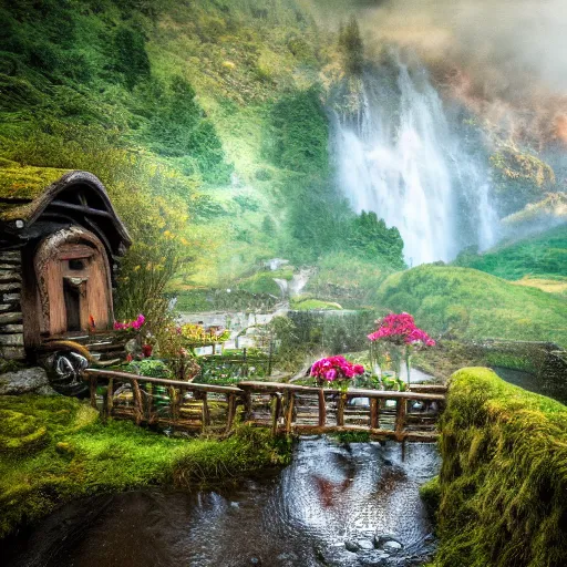 Image similar to spring festival at medieval hobbit village, ornate, beautiful, atmosphere, vibe, mist, smoke, fire, chimney, rain, wet, pristine, puddles, waterfall, melting, dripping, snow, creek, moss, ice, bridge, rainbow, cobble, forest, roses, flowers, color page, 4 k, contest winner