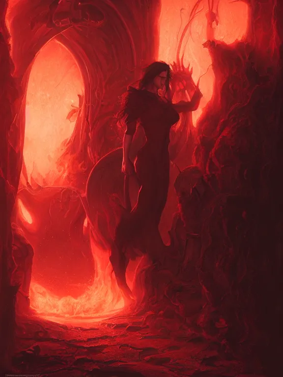 Image similar to Jennifer Connelly opening the door to hell, red lighting, time warping, D&D, fantasy, highly detailed, digital painting, trending on artstation, concept art, sharp focus, illustration, art by artgerm and greg rutkowski and magali villeneuve