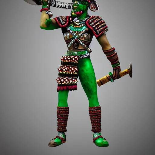 Prompt: high resolution render of an Aztec Warrior with jade jewelry and a stone bladed club