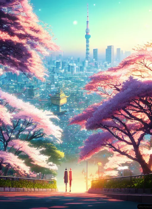 Image similar to a wholesome animation key shot, tokyo city in the background, cherry blossoms in the foreground, studio ghibli, pixar and disney animation, sharp, rendered in unreal engine 5, anime key art by greg rutkowski, bloom, dramatic lighting