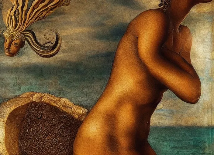 Image similar to full body painting on an african mermaid, by leonardo davinci, highly detailed, smooth, digital painting, sharp focus, intricate, symmetry, masterpiece work of art, art station,