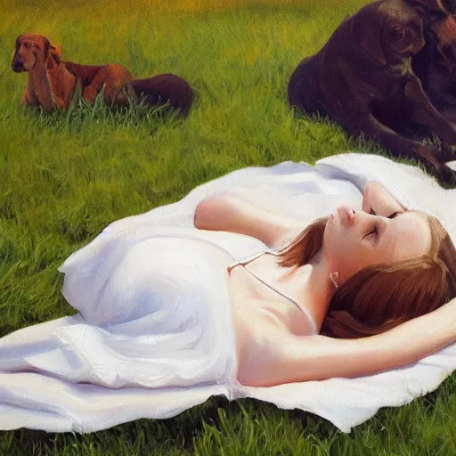Prompt: an oil painting of a white pale woman lying on her side on a picnicking blanket surrounded by grass and sleeping dogs, trending on artstation