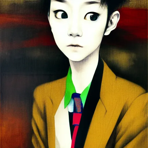 Image similar to yoshitaka amano blurred and dreamy realistic three quarter angle portrait of a young woman with short hair and black eyes wearing office suit with tie, junji ito abstract patterns in the background, satoshi kon anime, noisy film grain effect, highly detailed, renaissance oil painting, weird portrait angle, blurred lost edges