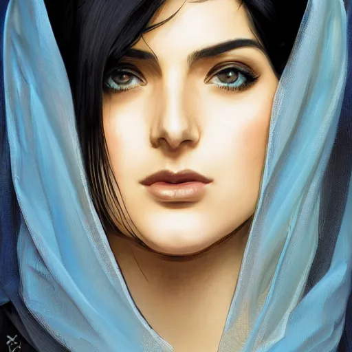 Image similar to modern Ameera al-Taweel, bright blue eyes, wavy black hair, white veil, highly detailed, digital painting, artstation, concept art, smooth, sharp focus, illustration, ArtStation, art by artgerm and greg rutkowski and alphonse mucha and J. C. Leyendecker and Edmund Blair Leighton and Katsuhiro Otomo and Geof Darrow and Phil hale and Ashley wood and Ilya repin and Charlie Bowater