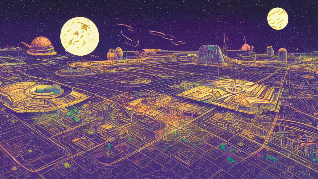 Prompt: spaceport at night by naomi okubo and dan mumford