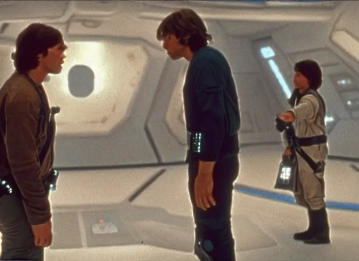 Image similar to screenshot from the lost star wars film, the lost jedi, scene of Han Solo on the millenium falcon, he's talking to a small blue hologram of Luke Skywalker, iconic scene from the 1980s sci fi thriller directed by Stanely Kubrick film, color kodak stock, anamorphic lenses, detailed faces, moody cinematography