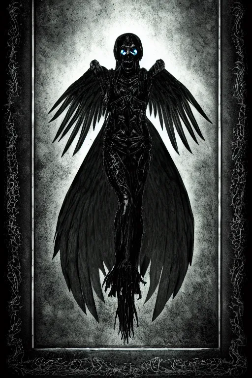 Image similar to dlsr photo illustration of envoked dark angel holding a book of necronomicon, symmetrical, cinematic, sharp focus, 4 k, ultra hd, sense of awe, sinister demonic atmosphere, dreadful, forbidden knowledge, old gods. demonology journal cover