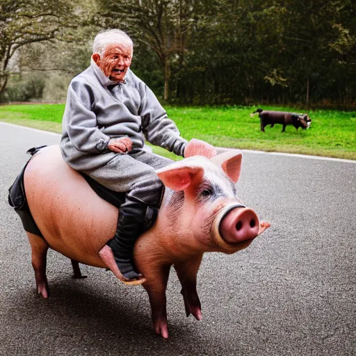 Prompt: portrait of an elderly man riding a pig, canon eos r 3, f / 1. 4, iso 2 0 0, 1 / 1 6 0 s, 8 k, raw, unedited, symmetrical balance, wide angle