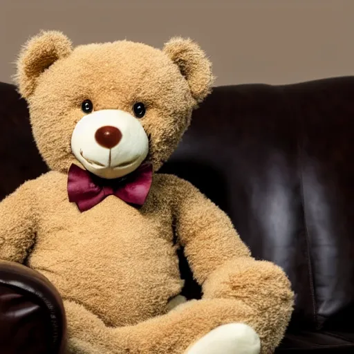 Image similar to a teddy bear wearing business casual clothes sitting on a couch, creepy 4 k photo