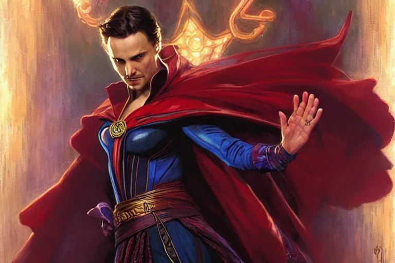 Prompt: natalie portman as doctor strange, character design, painting by gaston bussiere, craig mullins, j. c. leyendecker,