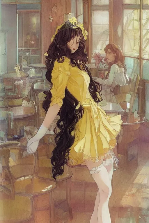 Image similar to A girl in a maid's outfit in a cafe a afternoon, wavy hair yellow theme,S line,45 angel by krenz cushart and mucha and trnyteal and ra-lilium