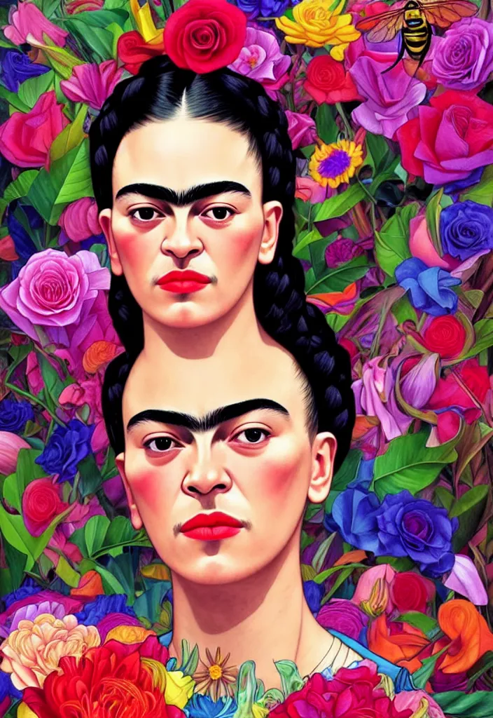 Image similar to young beautiful frida kahlo, gorgeous face, vaporwave aesthetic, synthwave, colorful, psychedelic, artstation, flowers, bees, ribbons, concept art, smooth, extremely sharp detail, finely tuned detail, 8 k, unreal engine 5, ultra sharp focus, illustration, art by artgerm and greg rutkowski and alphonse mucha