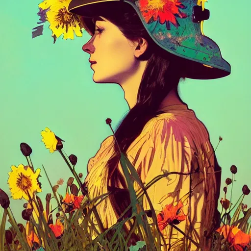 Prompt: a beautiful painting of a girl in a field of flowers with a helmet by andy warhol and conrad roset and alphonse mucha and nekro and greg rutkowski. colorful comic, film noirs, symmetry, sharp lines, hyper detailed. octane render. trending on artstation
