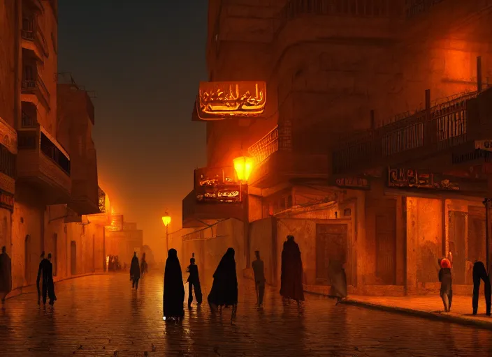 Prompt: cairo old streets + night life of 1 9 4 0, muizz street + street beggars + highly detailed, 8 k matte, cinematic lighting, artstation, matte painting, volumetric lighting