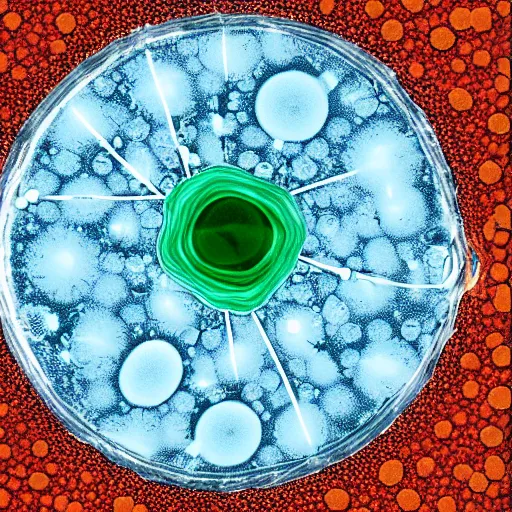 Prompt: microscopic petri dish photo of a transparent sectioned blue - green rod - shaped flagellated bacteria, microscopic photo, orange, dark black background, fluids inside