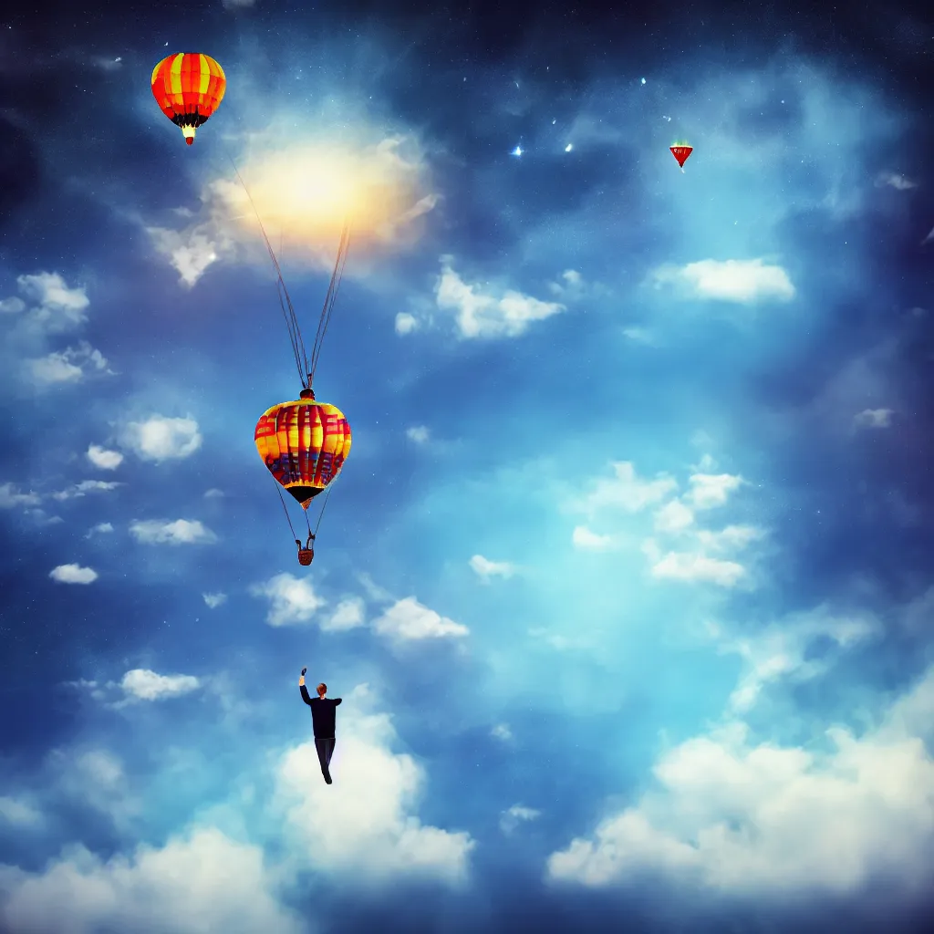 Prompt: single man flying in hot air balloon in the space, dark background, hyper realistic