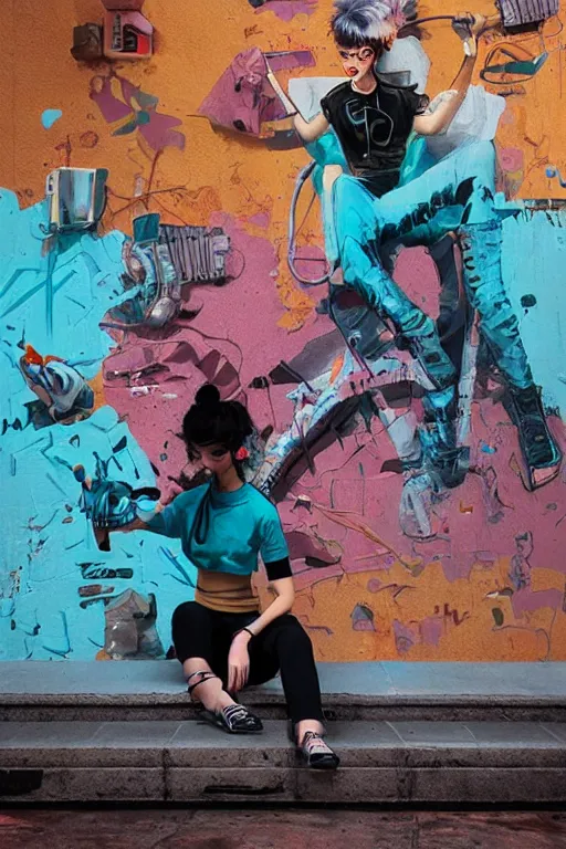 Image similar to punk girl sitting on extreme 3 d graffiti tag mural maximalism by atey ghailan, by greg rutkowski, by joe fenton, yellow, brown, black and cyan color scheme, octane render